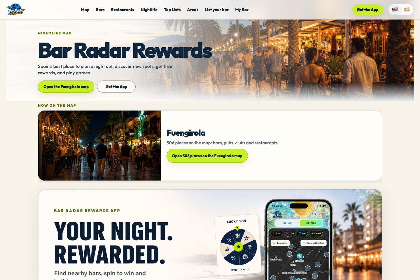 Bar Radar Rewards — verkkopalvelun etusivu